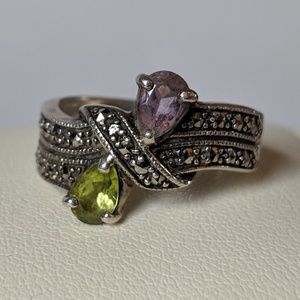 Amethyst and Peridot Silver Ring, Marcasite inlay